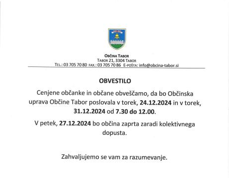 Obvestilo o prazničnem delovnem času občinske uprave